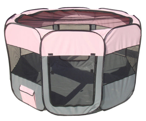 All-Terrain' Lightweight Easy Folding Wire-Framed Collapsible Travel Pet Playpen- Pink And Grey: Medium