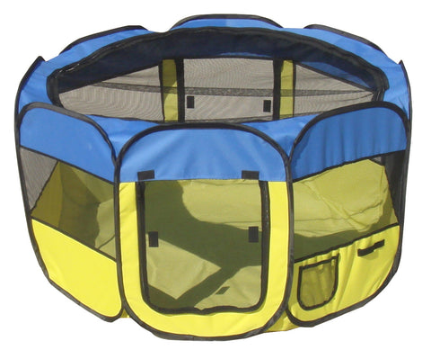 All-Terrain' Lightweight Easy Folding Wire-Framed Collapsible Travel Pet Playpen- Light Blue And Light Yellow: Medium