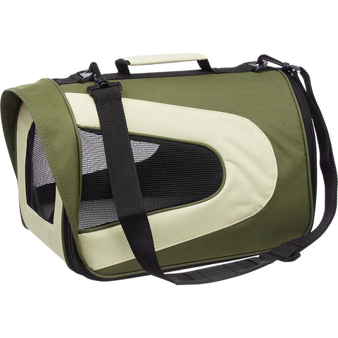 Airline Approved Folding Zippered Sporty Mesh Pet Carrier - Green & Khaki: CANV GRN w/ BEIGE - Small